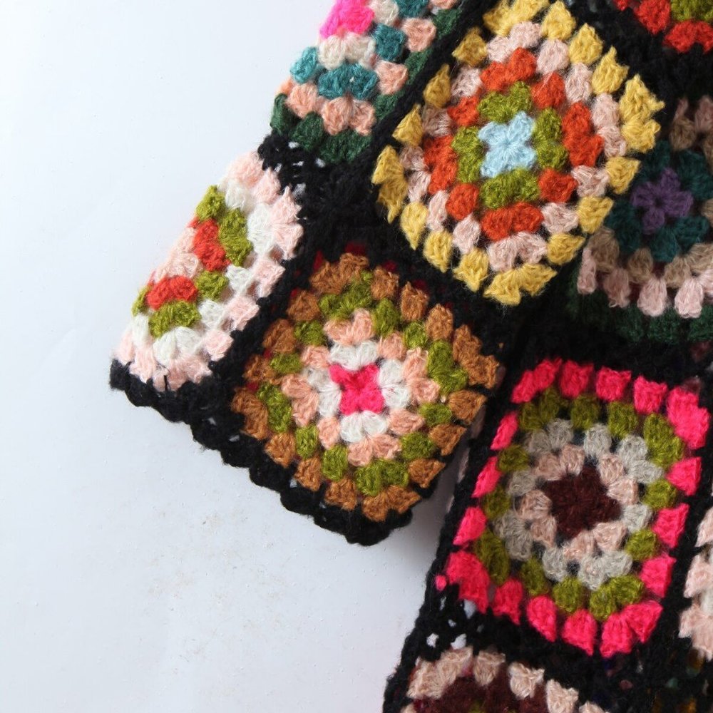 Bohemia Colored Plaid Flower Granny Square Hand Crochet Hooded Sweater Long Card - Picture 2 of 7